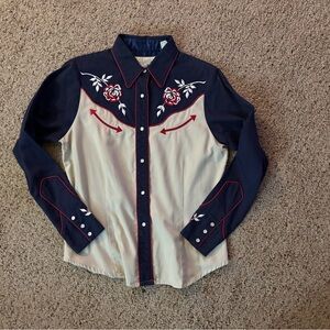 EUC Roper Navy and Cream Embroidered Rose Shirt